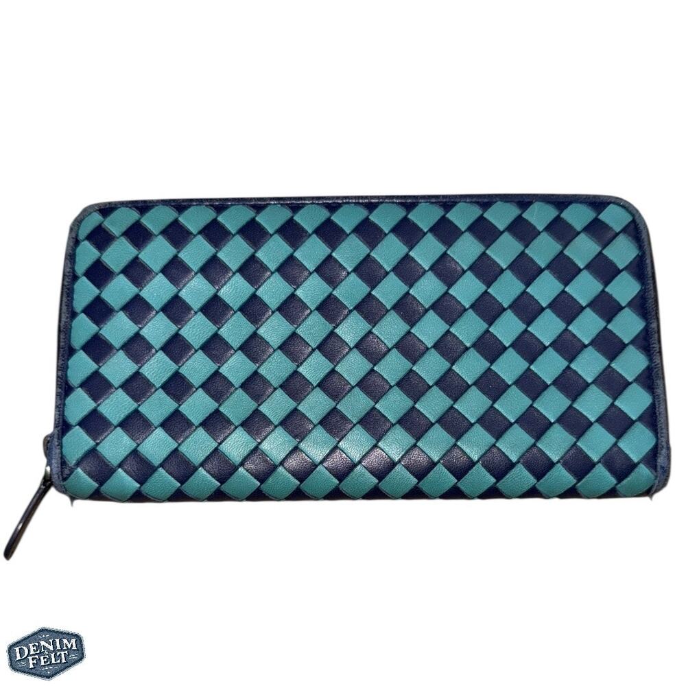 Bottega Veneta Turquoise/Navy Long Zip-Around Leather Continental Wallet Rare
